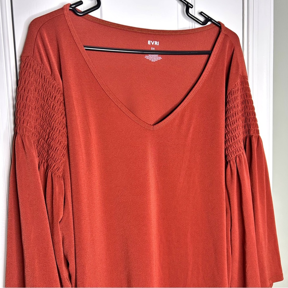 EVRI Women's Plus 2X V-Neck Terracotta Rust Bell Sleeve Blouse